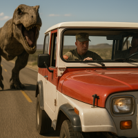 A Tyrannosaurus Rex chases a white jeep along a deserted highway in Texas. The jeep is red and...png