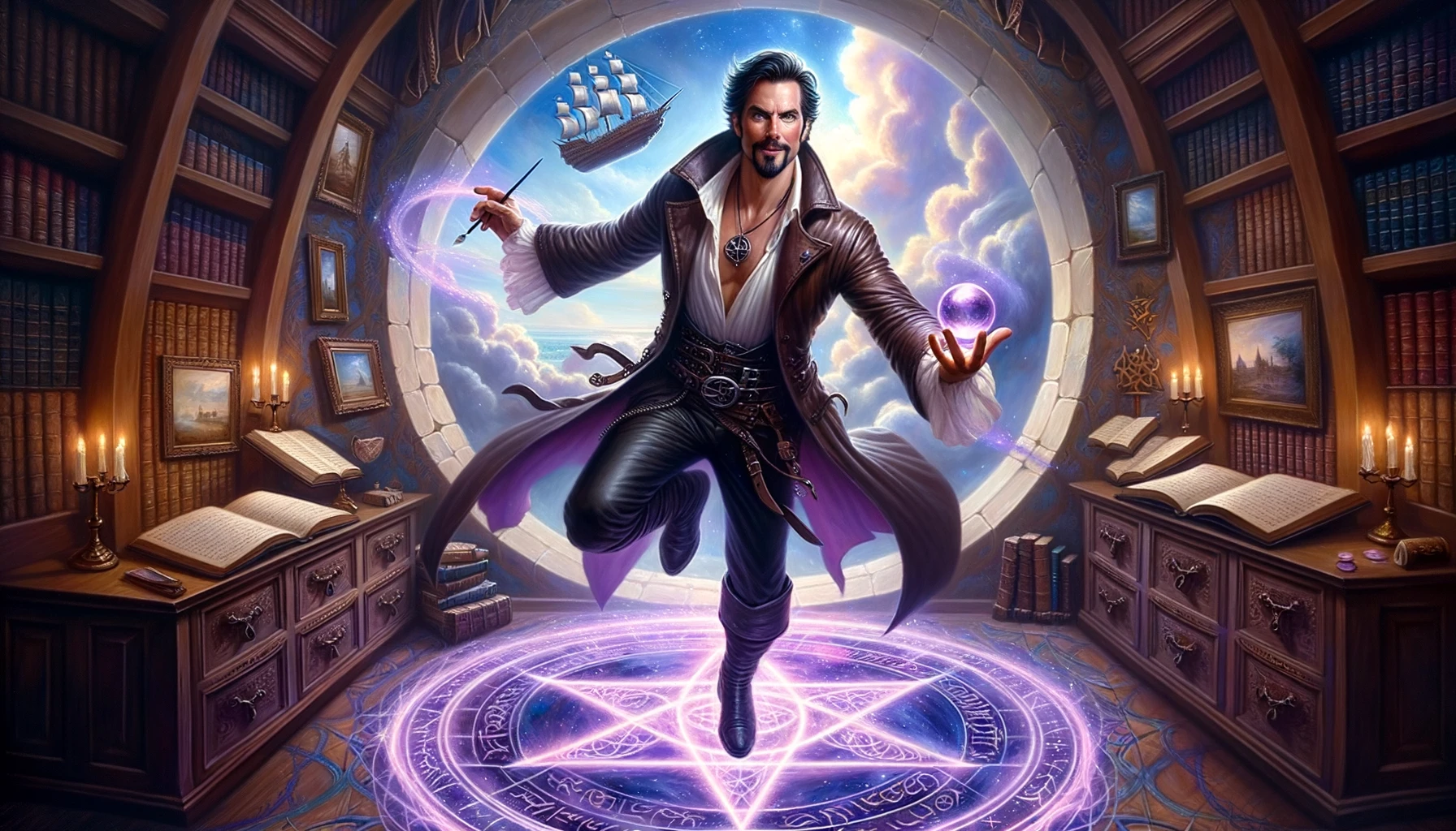 DALL·E 2023-10-15 16.16.22 - Oil painting of a charismatic man with a goatee, dancing energeti...png