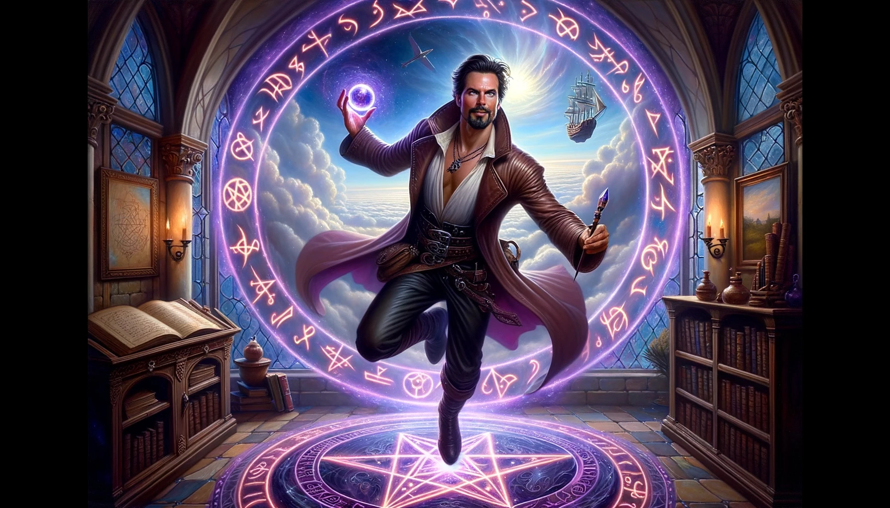 DALL·E 2023-10-15 16.18.23 - Oil painting of a charismatic man with a goatee, dancing energeti...png