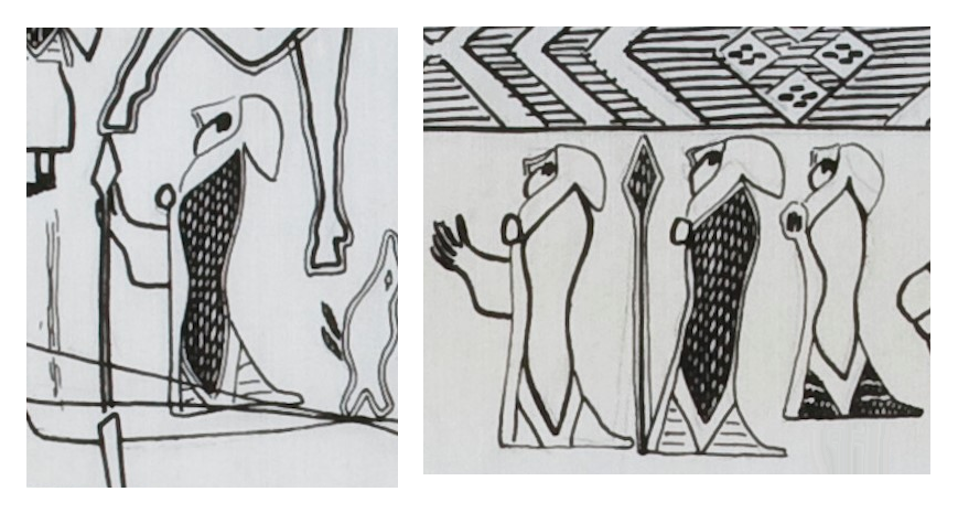 Noregr 800s - Oseberg Tapestry - women spearfighters, underdress, cape, and scarf around hair.png